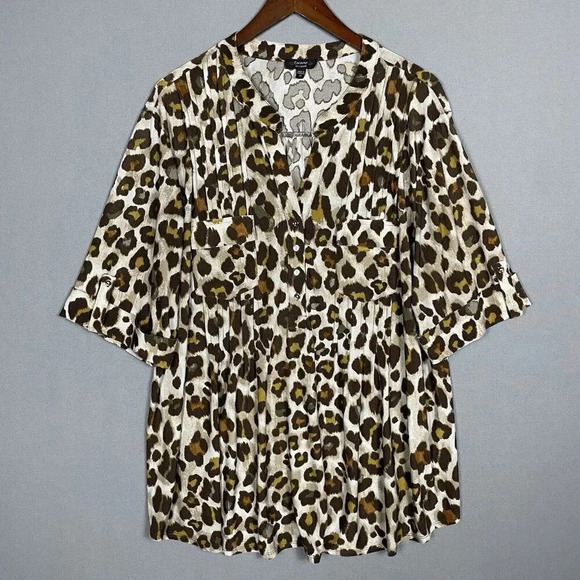 Cocomo Leopard Tunic Top Popover Size 3X Pleats Stretch Slinky Roll Tab Sleeves - Picture 1 of 14